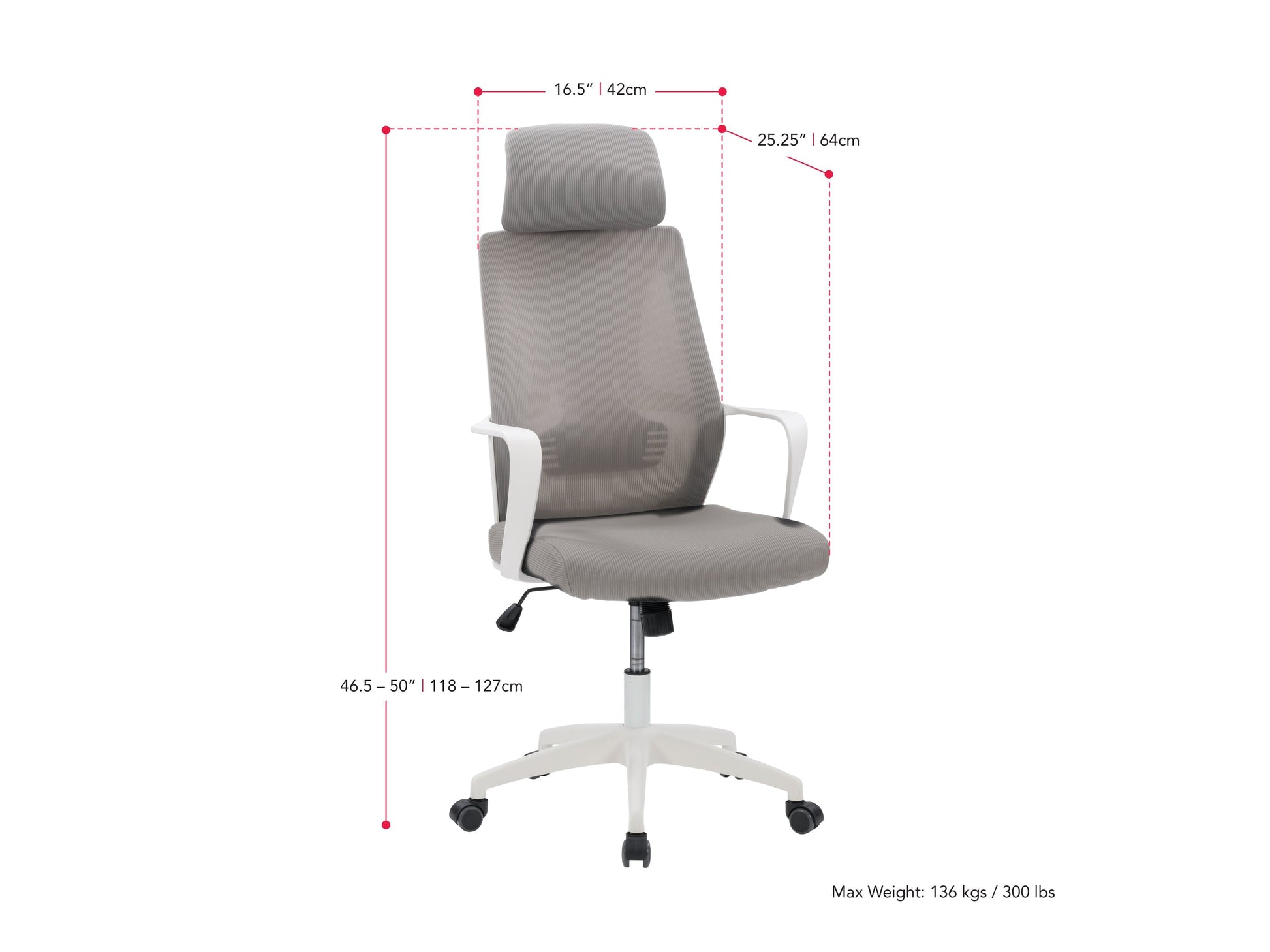 Ergonomic high back office chair with grey mesh upholstery, adjustable lumbar support, padded armrests, and chrome base with caster wheels. Ideal for home or office use, providing comfort and style.