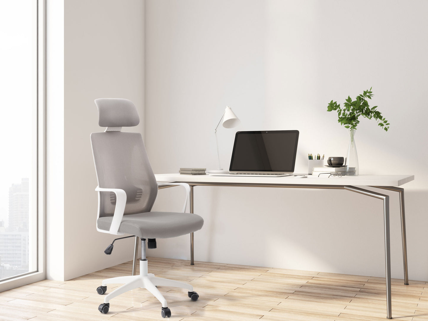 Ergonomic high back office chair with grey mesh upholstery, adjustable lumbar support, padded armrests, and chrome base with caster wheels. Ideal for home or office use, providing comfort and style.