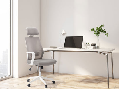 Ergonomic high back office chair with grey mesh upholstery, adjustable lumbar support, padded armrests, and chrome base with caster wheels. Ideal for home or office use, providing comfort and style.