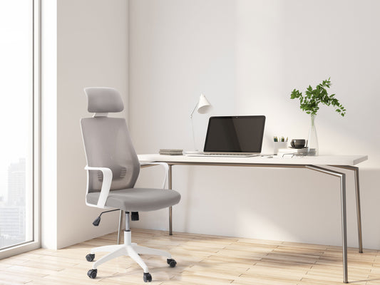Ergonomic high back office chair with grey mesh upholstery, adjustable lumbar support, padded armrests, and chrome base with caster wheels. Ideal for home or office use, providing comfort and style.
