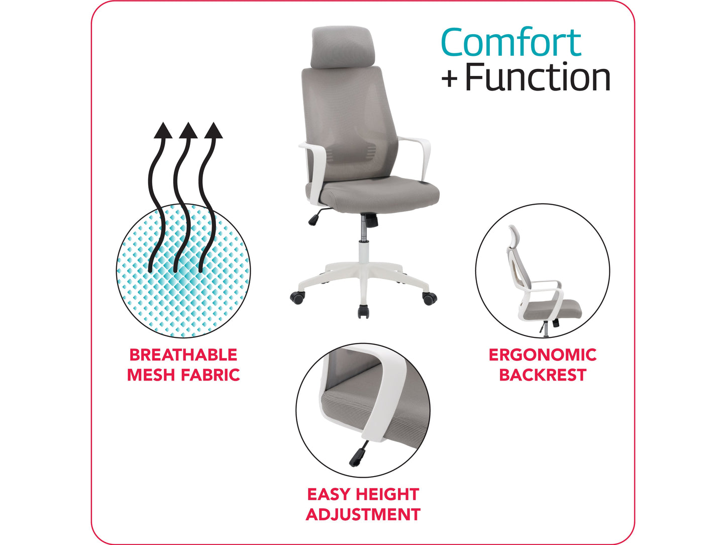 Ergonomic high back office chair with grey mesh upholstery, adjustable lumbar support, padded armrests, and chrome base with caster wheels. Ideal for home or office use, providing comfort and style.