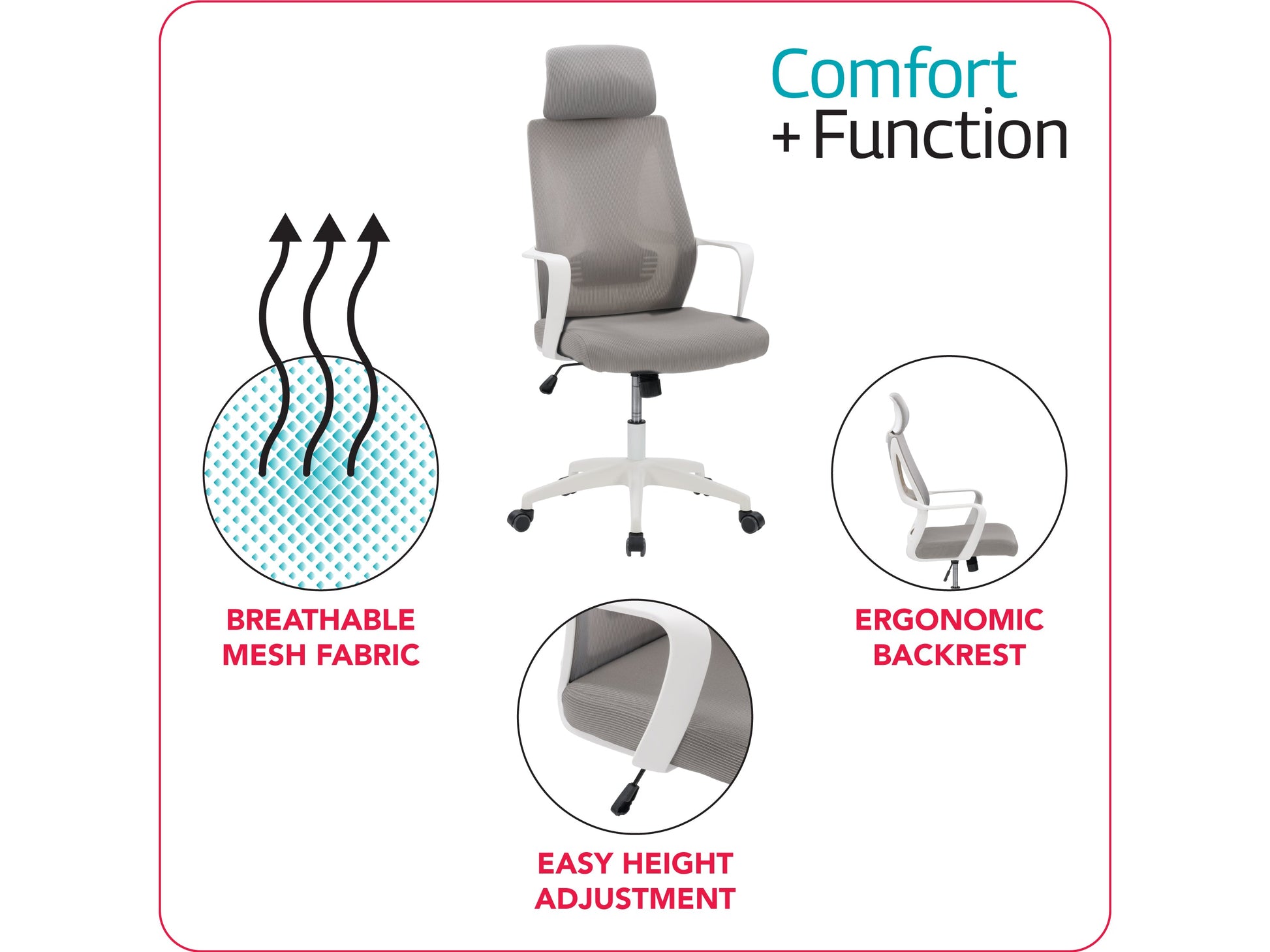 Ergonomic high back office chair with grey mesh upholstery, adjustable lumbar support, padded armrests, and chrome base with caster wheels. Ideal for home or office use, providing comfort and style.