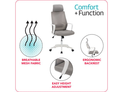 Ergonomic high back office chair with grey mesh upholstery, adjustable lumbar support, padded armrests, and chrome base with caster wheels. Ideal for home or office use, providing comfort and style.