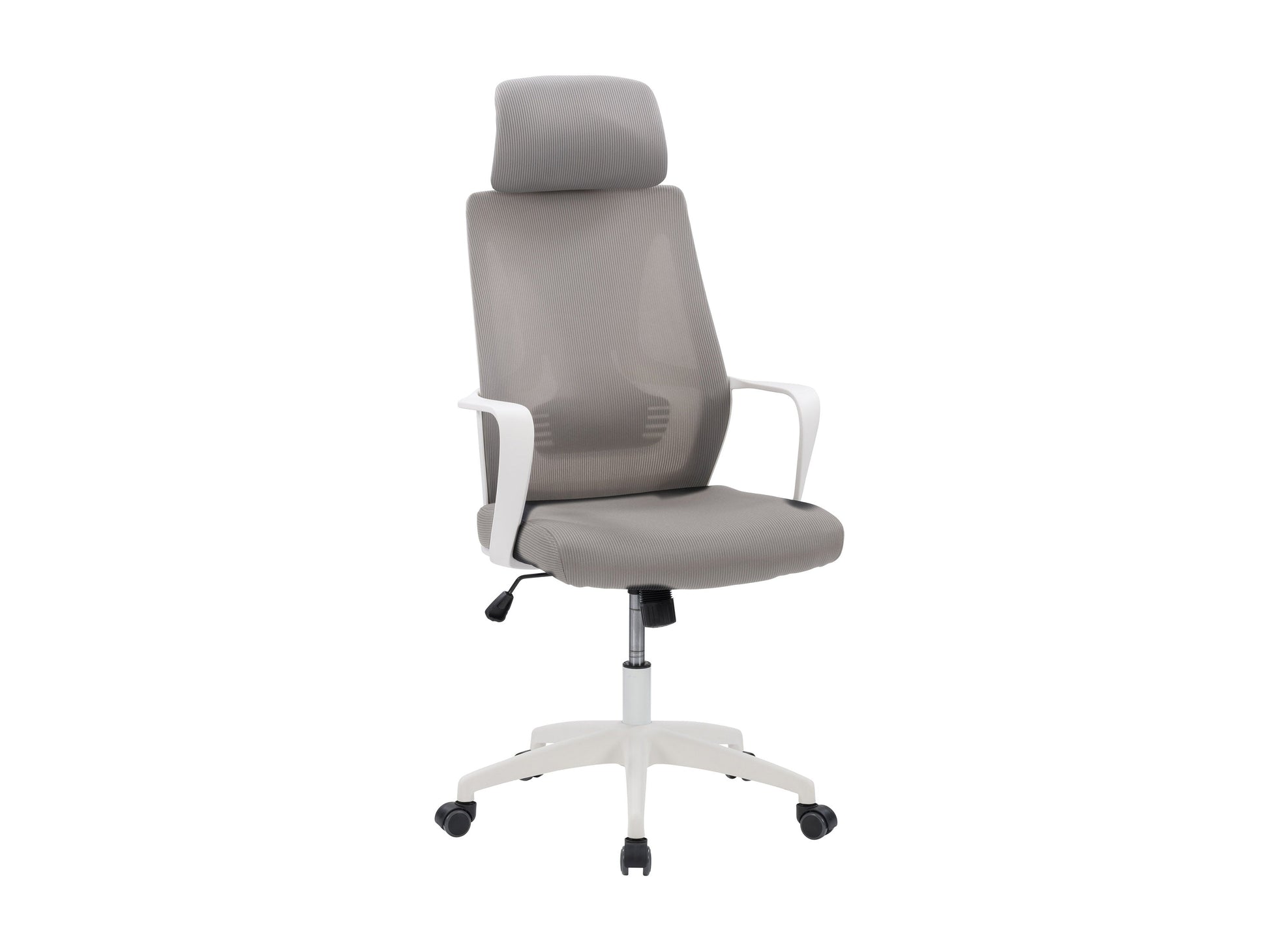 Ergonomic high back office chair with grey mesh upholstery, adjustable lumbar support, padded armrests, and chrome base with caster wheels. Ideal for home or office use, providing comfort and style.