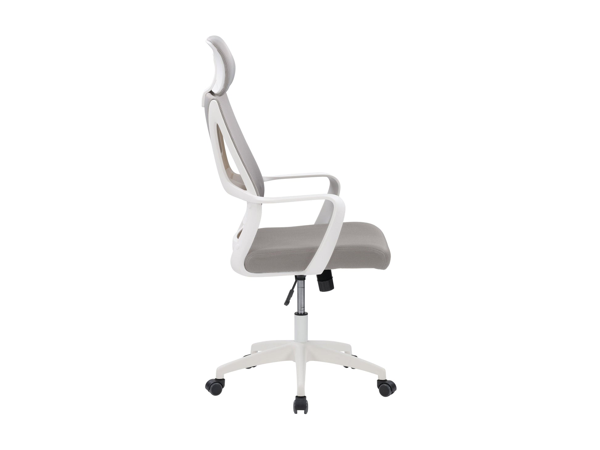 Ergonomic high back office chair with grey mesh upholstery, adjustable lumbar support, padded armrests, and chrome base with caster wheels. Ideal for home or office use, providing comfort and style.
