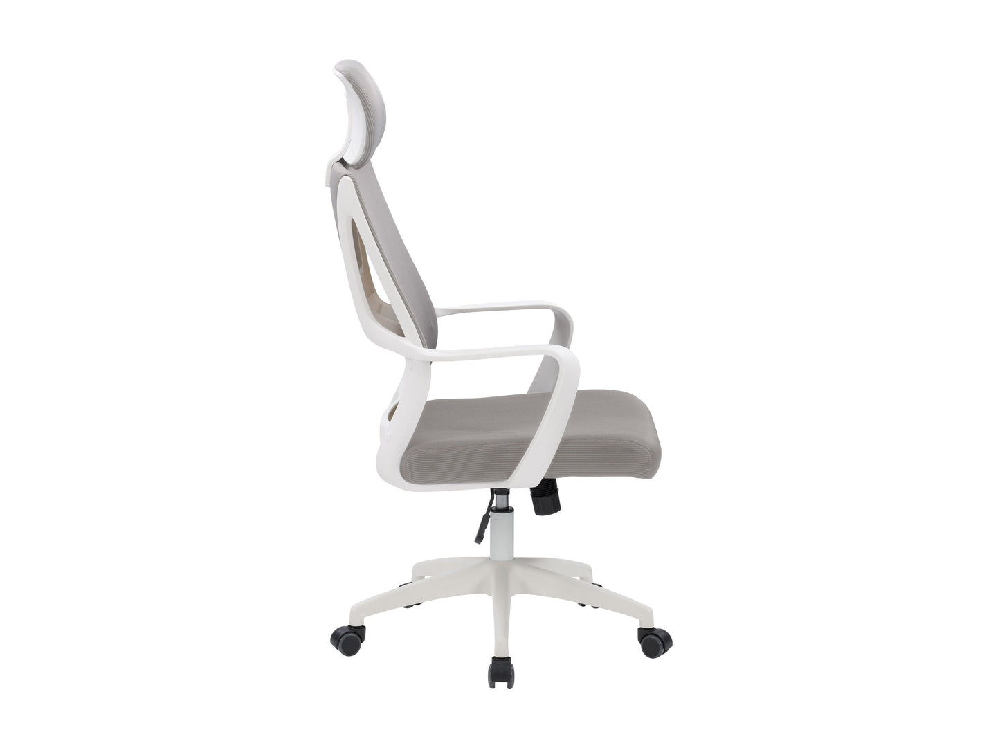 Ergonomic high back office chair with grey mesh upholstery, adjustable lumbar support, padded armrests, and chrome base with caster wheels. Ideal for home or office use, providing comfort and style.