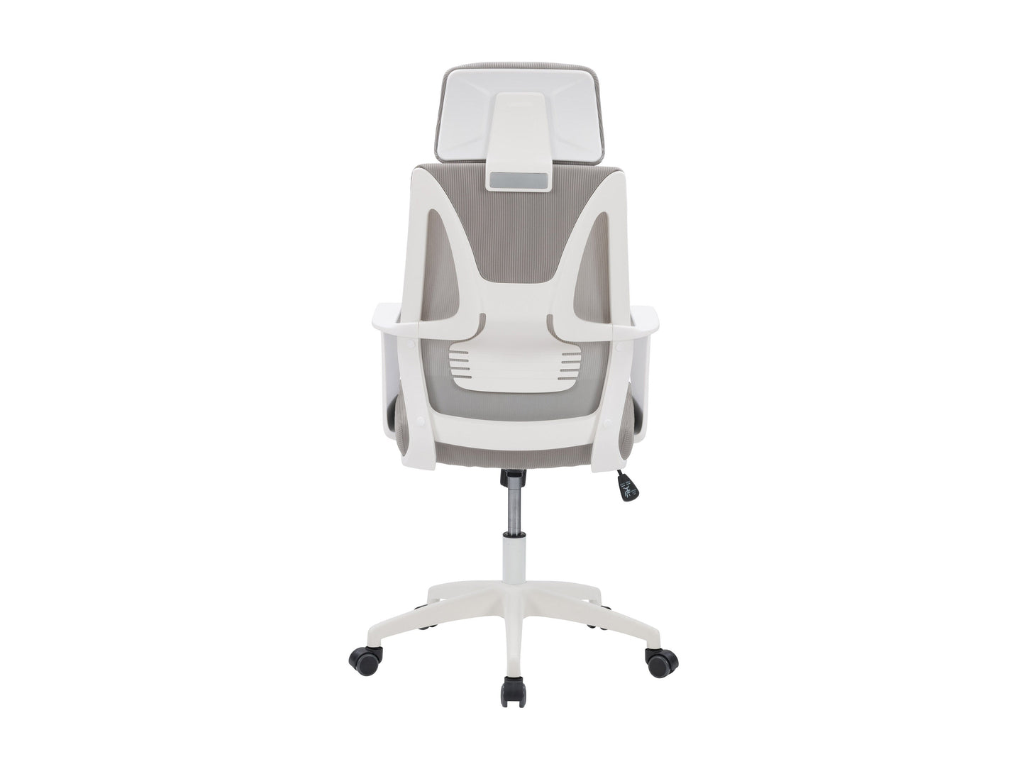 Ergonomic high back office chair with grey mesh upholstery, adjustable lumbar support, padded armrests, and chrome base with caster wheels. Ideal for home or office use, providing comfort and style.