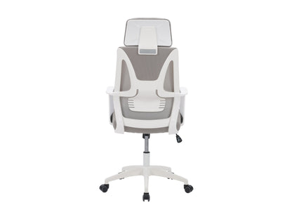 Ergonomic high back office chair with grey mesh upholstery, adjustable lumbar support, padded armrests, and chrome base with caster wheels. Ideal for home or office use, providing comfort and style.