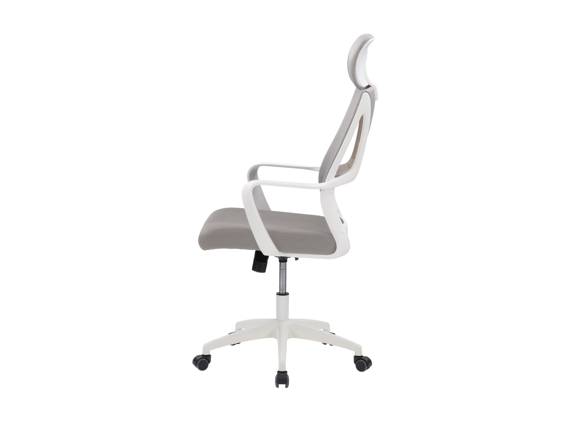 Ergonomic high back office chair with grey mesh upholstery, adjustable lumbar support, padded armrests, and chrome base with caster wheels. Ideal for home or office use, providing comfort and style.