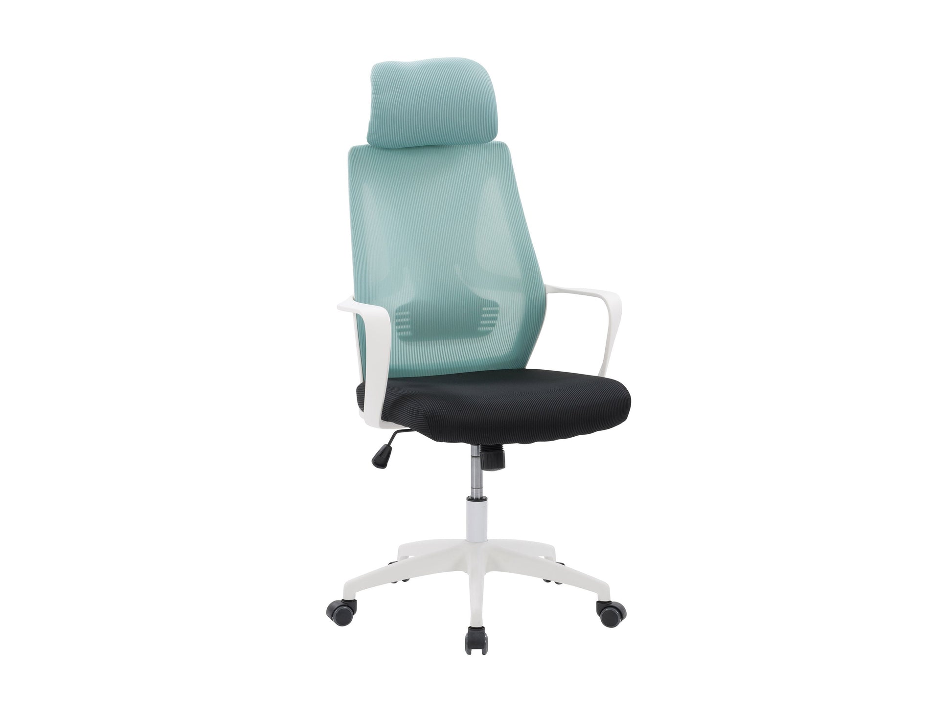 Teal and black high back office chair with ergonomic design, mesh backrest, padded seat, adjustable armrests, lumbar support, and swivel base, perfect for home or office use.