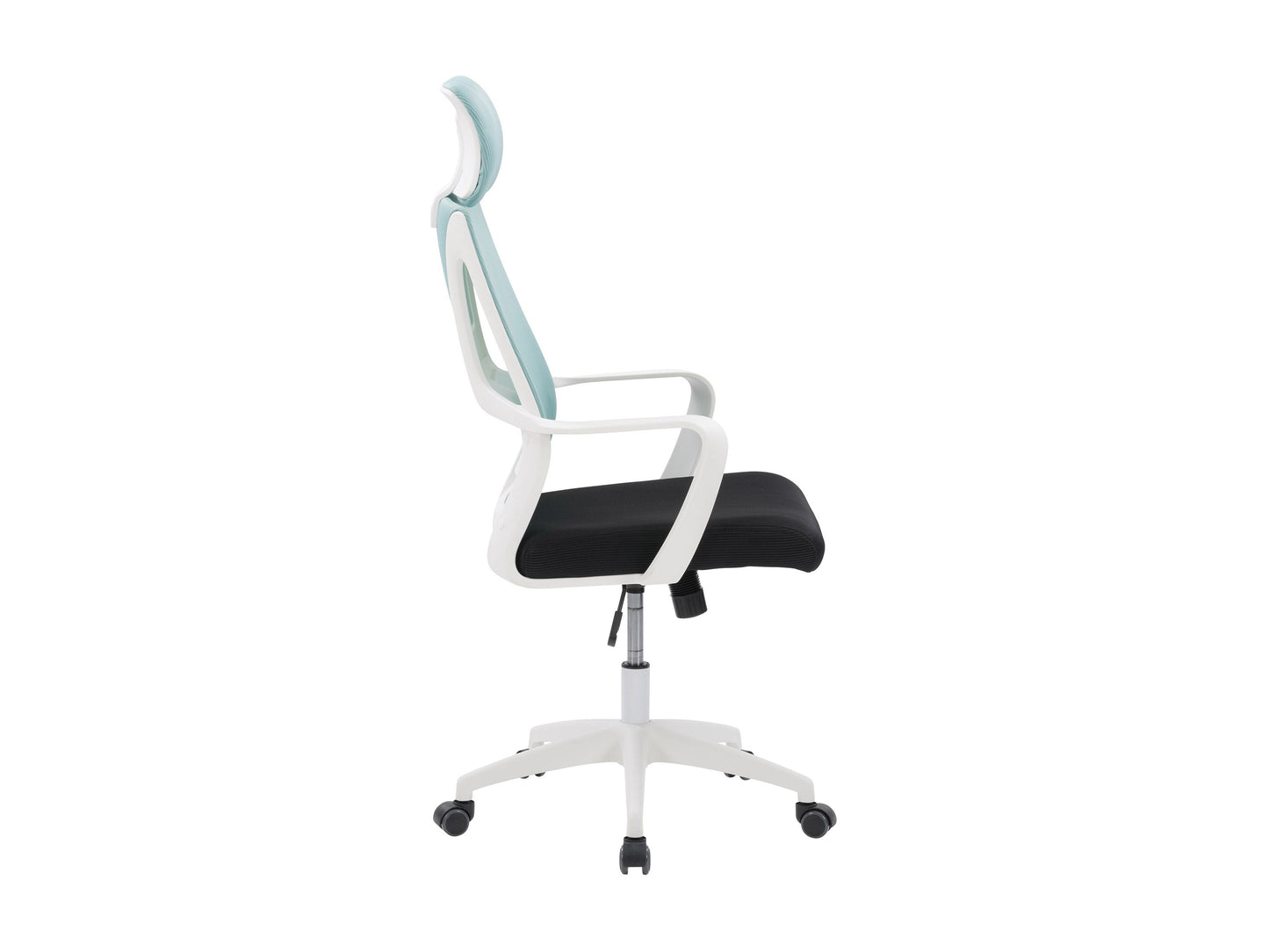 Teal and black high back office chair with ergonomic design, mesh backrest, padded seat, adjustable armrests, lumbar support, and swivel base, perfect for home or office use.