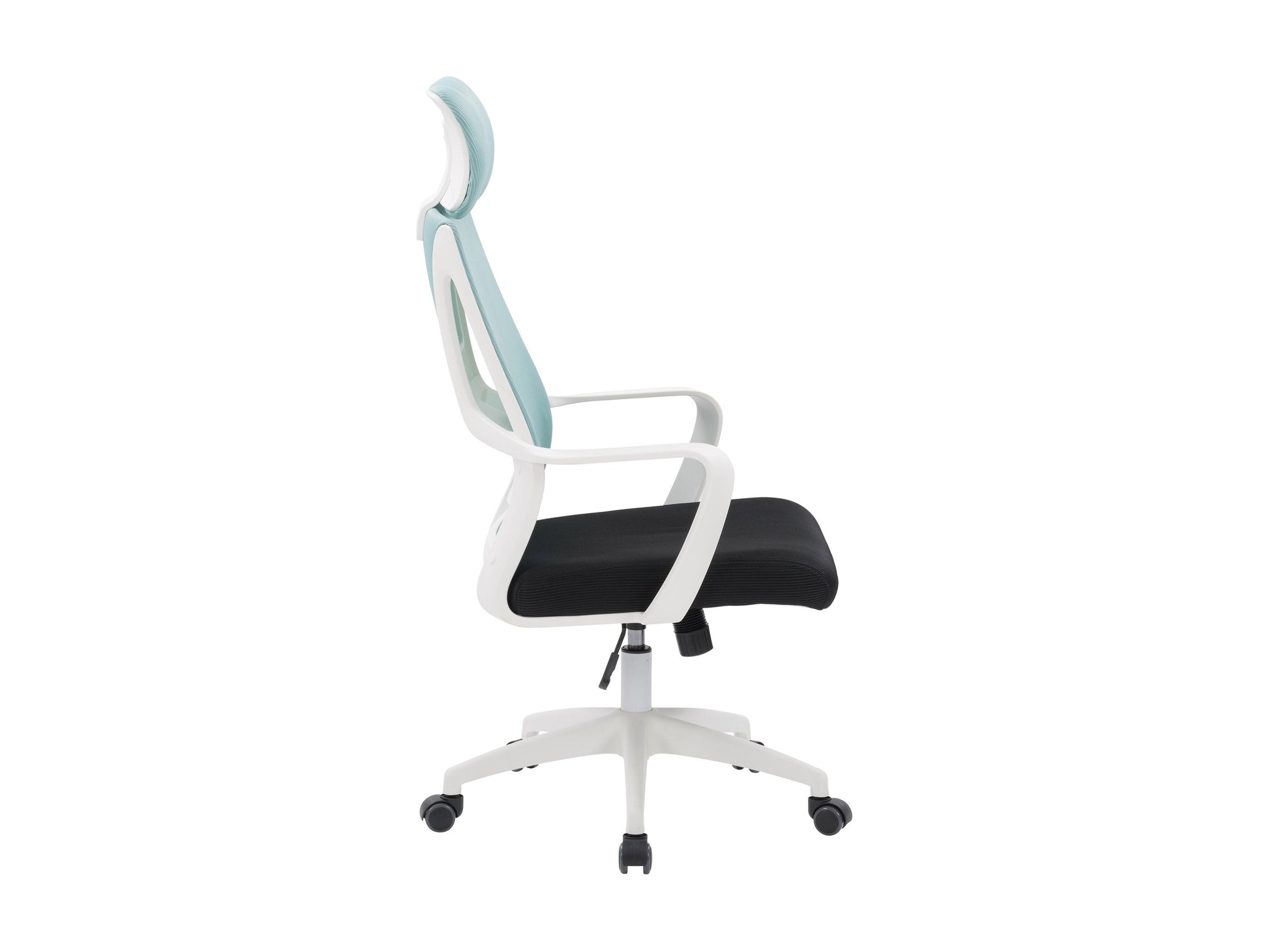 Teal and black high back office chair with ergonomic design, mesh backrest, padded seat, adjustable armrests, lumbar support, and swivel base, perfect for home or office use.