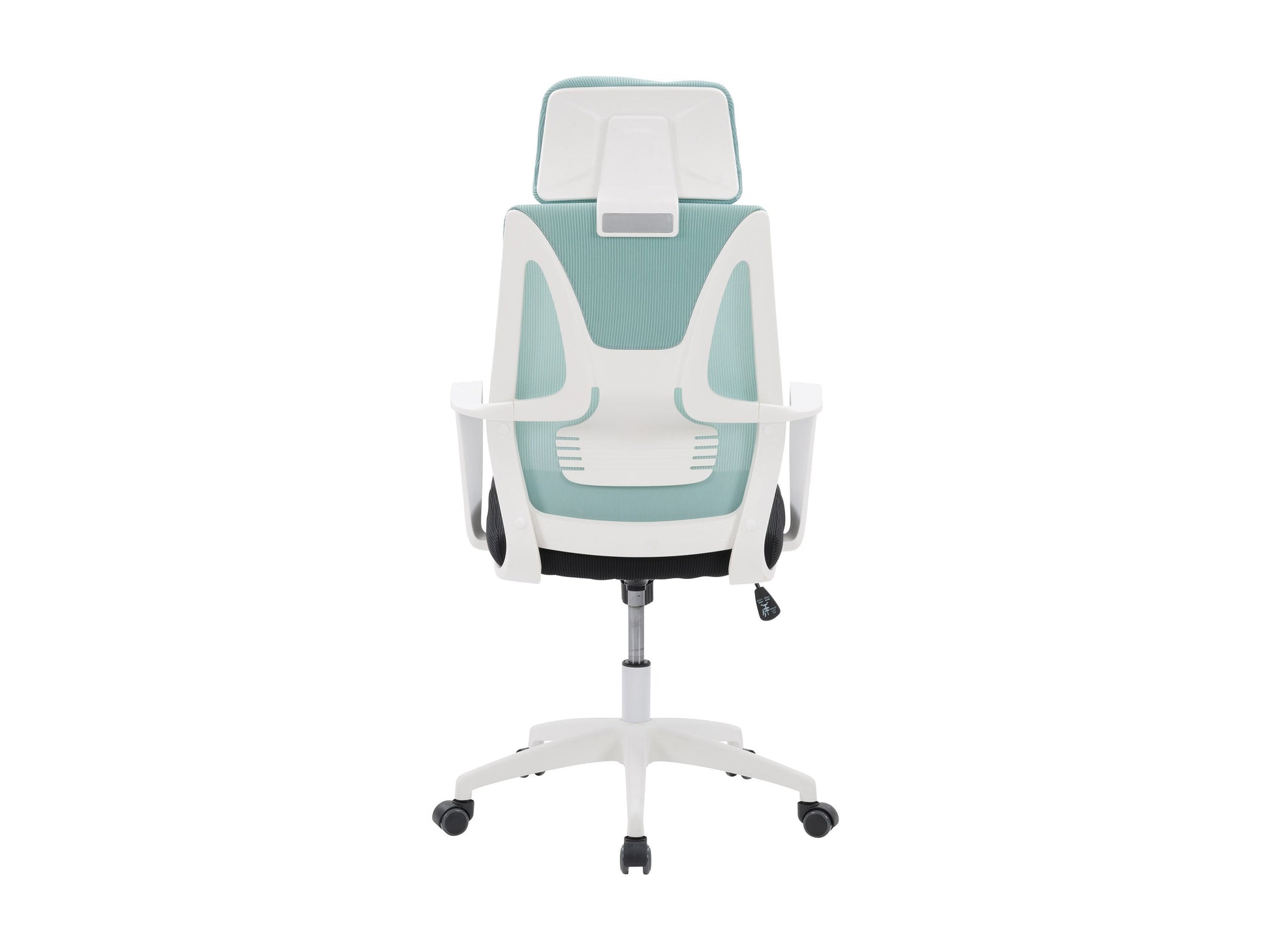 Teal and black high back office chair with ergonomic design, mesh backrest, padded seat, adjustable armrests, lumbar support, and swivel base, perfect for home or office use.