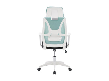 Teal and black high back office chair with ergonomic design, mesh backrest, padded seat, adjustable armrests, lumbar support, and swivel base, perfect for home or office use.
