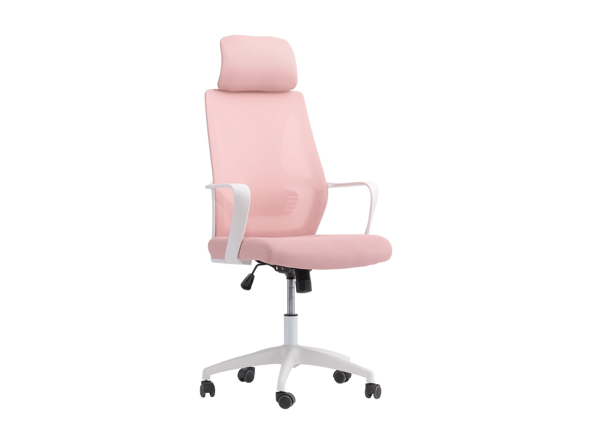 Pink high back office chair with ergonomic design, featuring a plush cushioned seat, adjustable armrests, and a breathable mesh backrest. Ideal for home offices or workspaces seeking comfort and style.