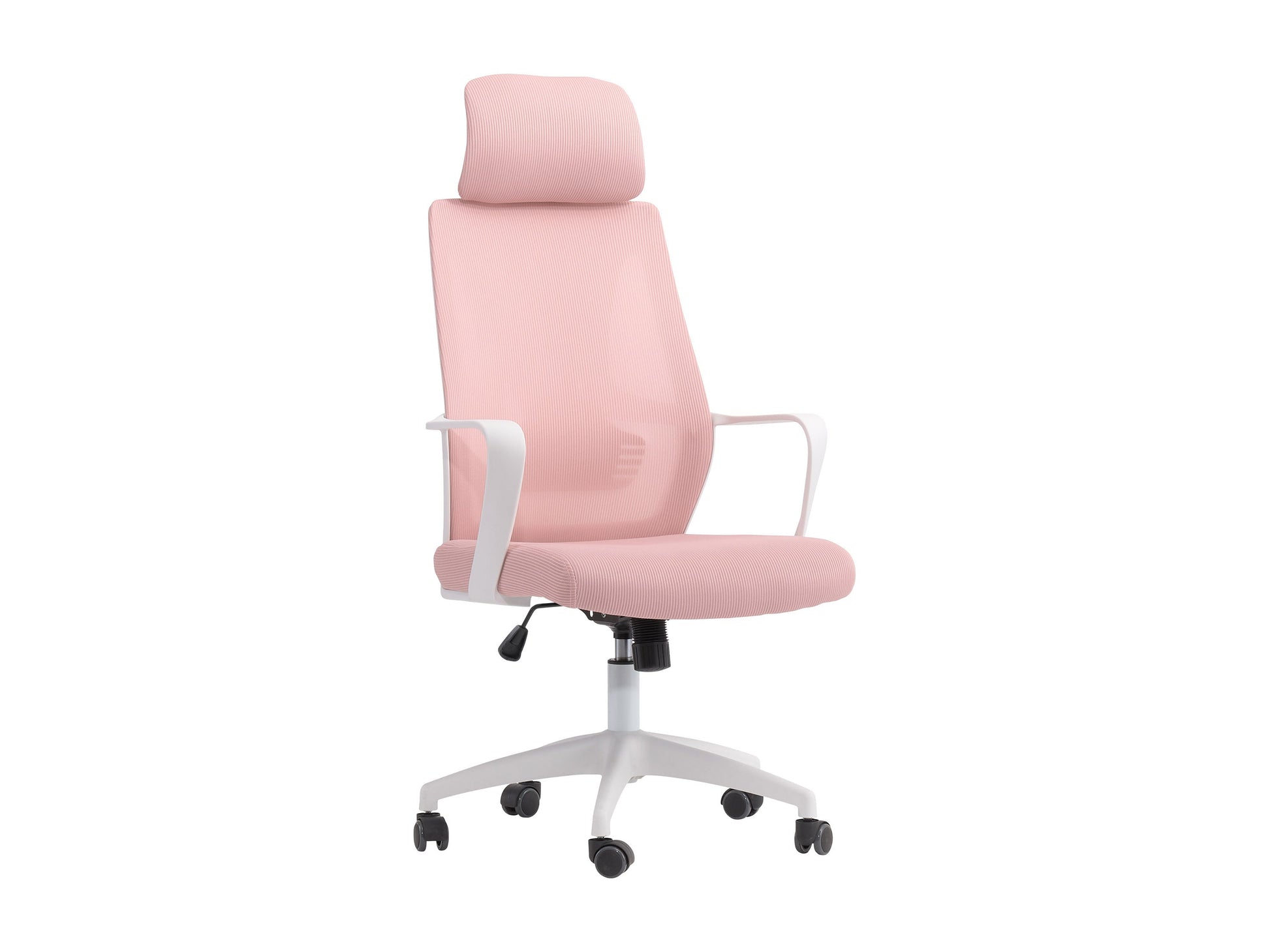 Pink high back office chair with ergonomic design, featuring a plush cushioned seat, adjustable armrests, and a breathable mesh backrest. Ideal for home offices or workspaces seeking comfort and style.