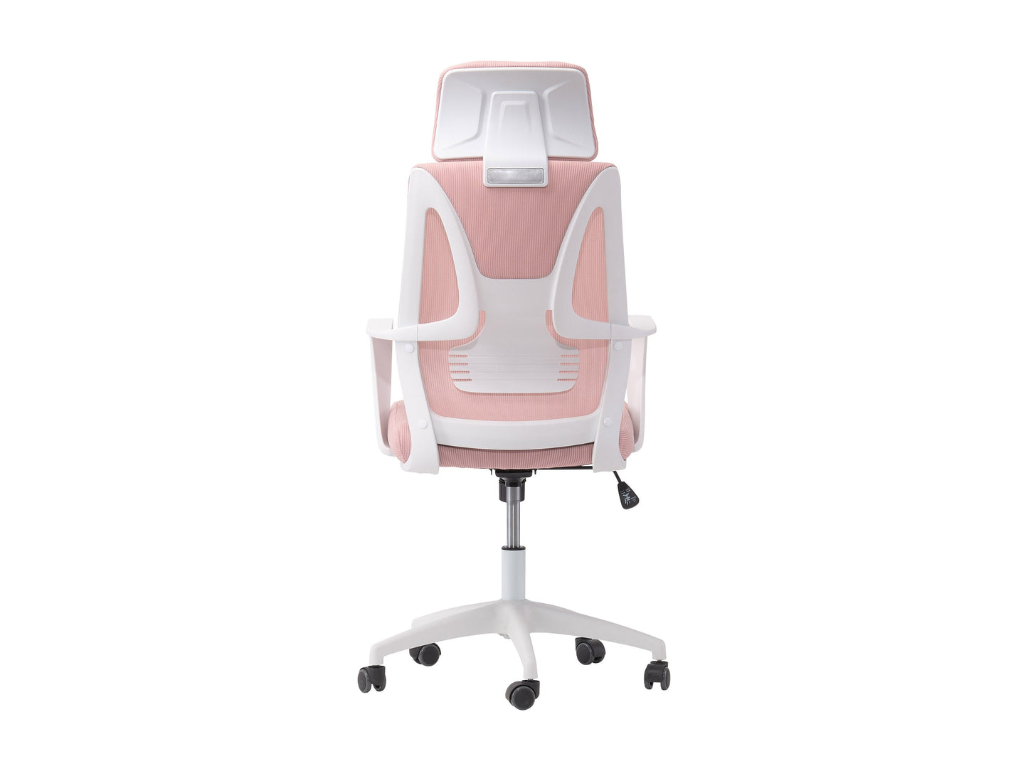 Pink high back office chair with ergonomic design, featuring a plush cushioned seat, adjustable armrests, and a breathable mesh backrest. Ideal for home offices or workspaces seeking comfort and style.