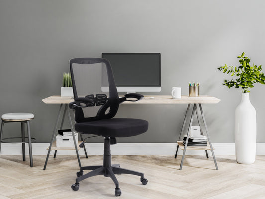 Black mesh office chair with ergonomic design, adjustable height, and lumbar support. Features breathable mesh backrest, cushioned seat, and sleek armrests. Ideal for home office or professional workspace.