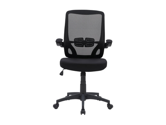 Black mesh office chair with ergonomic design, adjustable height, and lumbar support. Features breathable mesh backrest, cushioned seat, and sleek armrests. Ideal for home office or professional workspace.