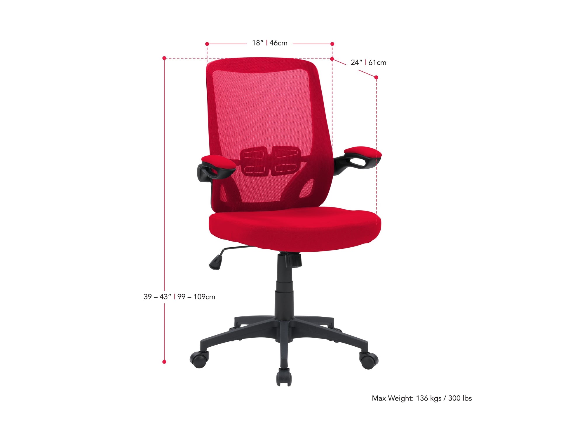 Red mesh office chair with ergonomic design, adjustable armrests, and lumbar support. Features breathable mesh back, cushioned seat, and swivel base with caster wheels, ideal for home or office use.