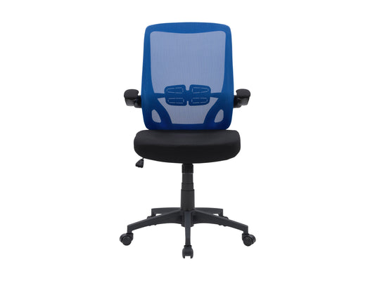 Blue mesh office chair with ergonomic design, adjustable armrests, lumbar support, and a swivel base. Ideal for home or office use, providing comfort and breathability with a modern aesthetic.