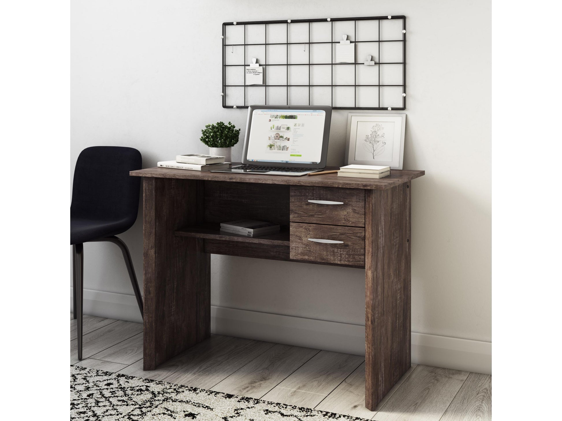 Brown wooden desk with three drawers on the right side, sleek metal handles, smooth finish, and sturdy legs. Ideal for home office or study, combining functionality with a classic design.