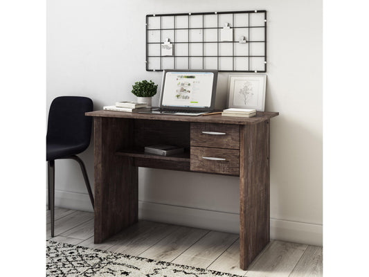 Brown wooden desk with three drawers on the right side, sleek metal handles, smooth finish, and sturdy legs. Ideal for home office or study, combining functionality with a classic design.