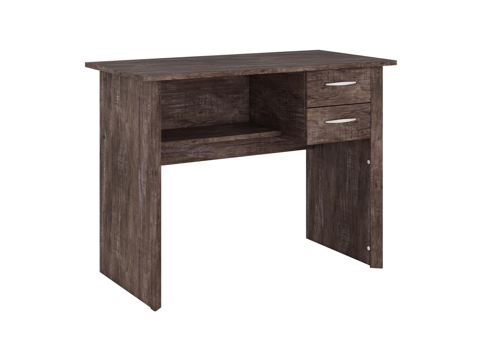 Brown wooden desk with three drawers on the right side, sleek metal handles, smooth finish, and sturdy legs. Ideal for home office or study, combining functionality with a classic design.