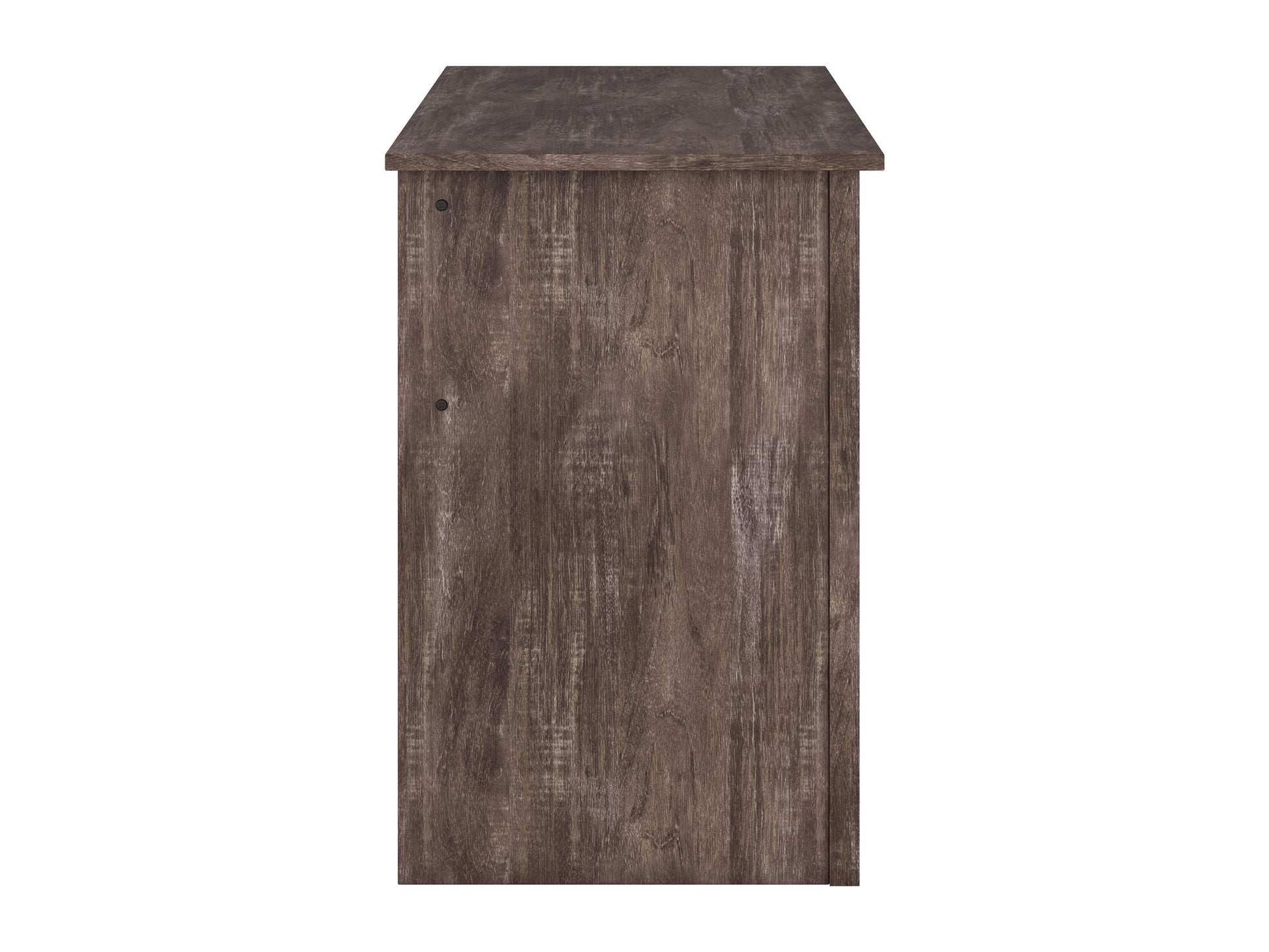 Brown wooden desk with three drawers on the right side, sleek metal handles, smooth finish, and sturdy legs. Ideal for home office or study, combining functionality with a classic design.