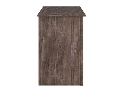 Brown wooden desk with three drawers on the right side, sleek metal handles, smooth finish, and sturdy legs. Ideal for home office or study, combining functionality with a classic design.