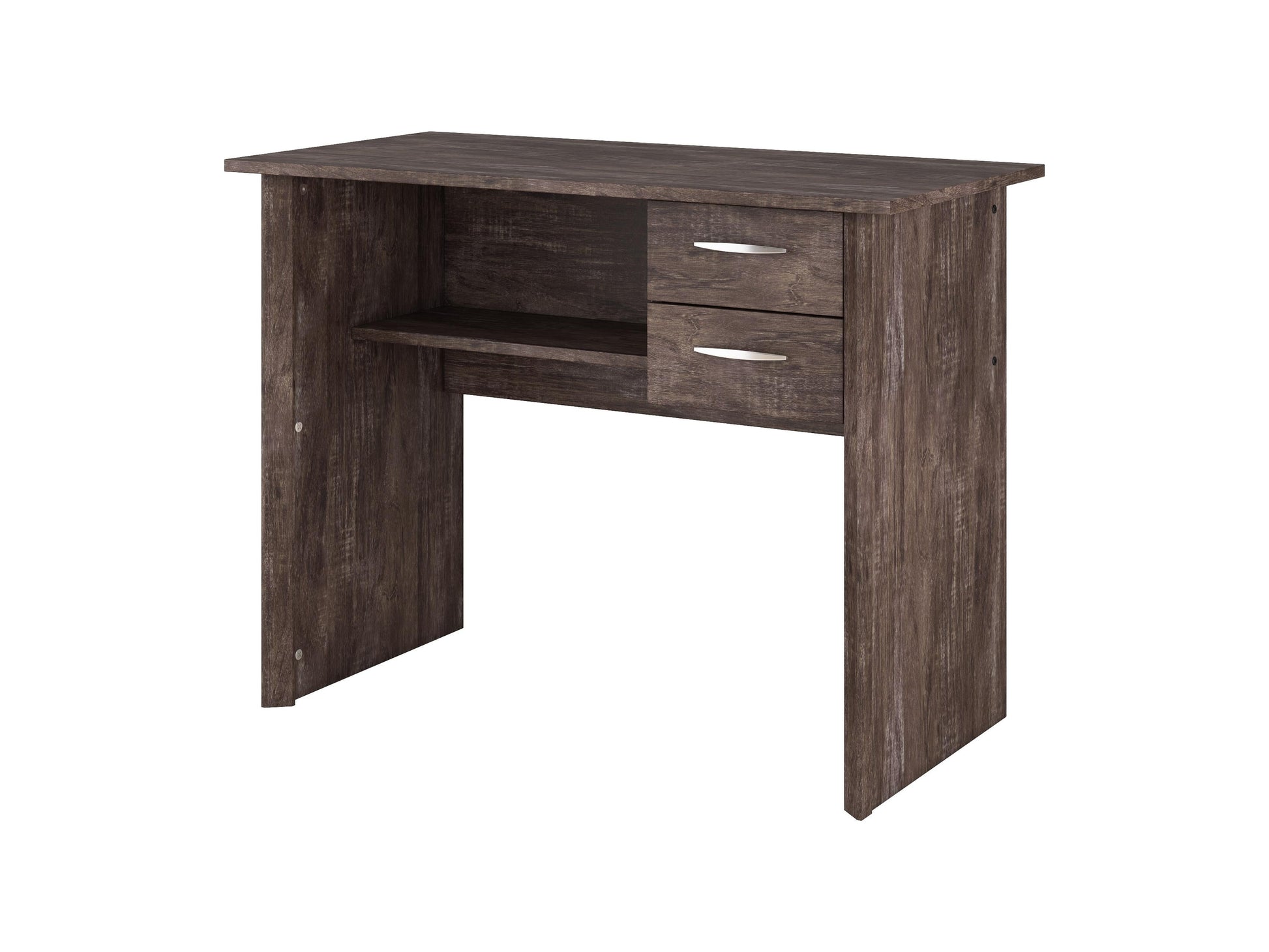 Brown wooden desk with three drawers on the right side, sleek metal handles, smooth finish, and sturdy legs. Ideal for home office or study, combining functionality with a classic design.