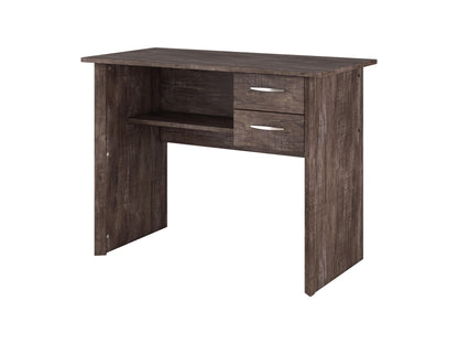 Brown wooden desk with three drawers on the right side, sleek metal handles, smooth finish, and sturdy legs. Ideal for home office or study, combining functionality with a classic design.