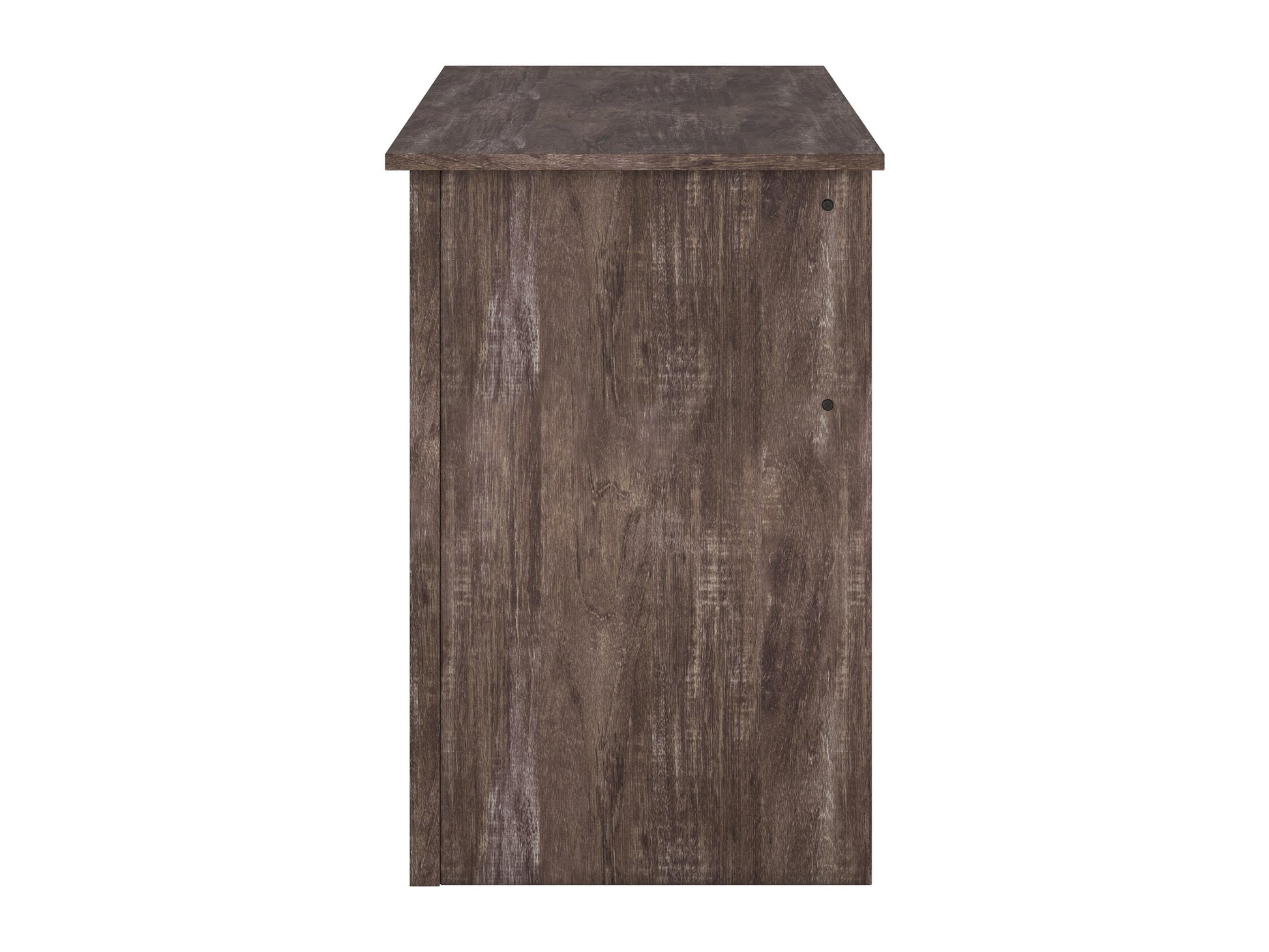 Brown wooden desk with three drawers on the right side, sleek metal handles, smooth finish, and sturdy legs. Ideal for home office or study, combining functionality with a classic design.