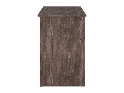 Brown wooden desk with three drawers on the right side, sleek metal handles, smooth finish, and sturdy legs. Ideal for home office or study, combining functionality with a classic design.