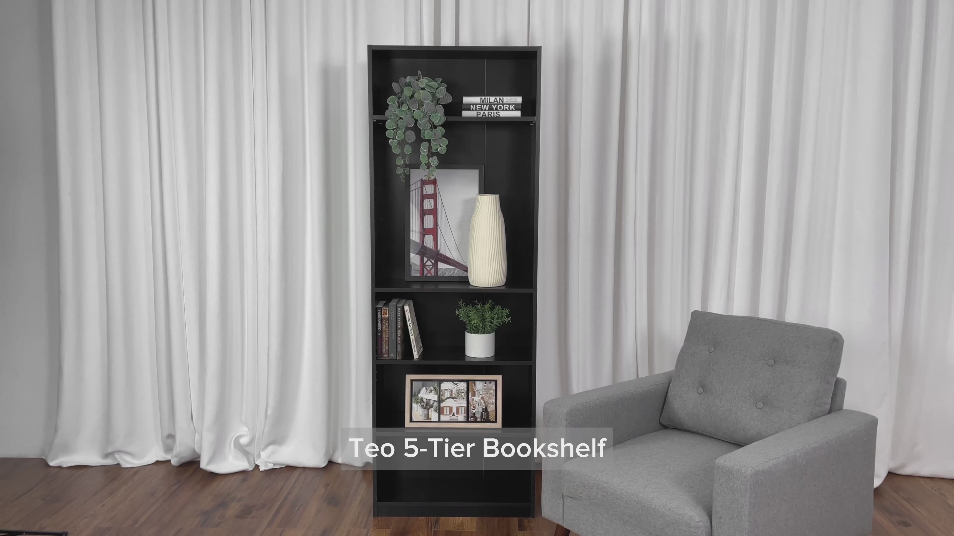 Load video: Teo White 5-Tier Bookshelf Product Video