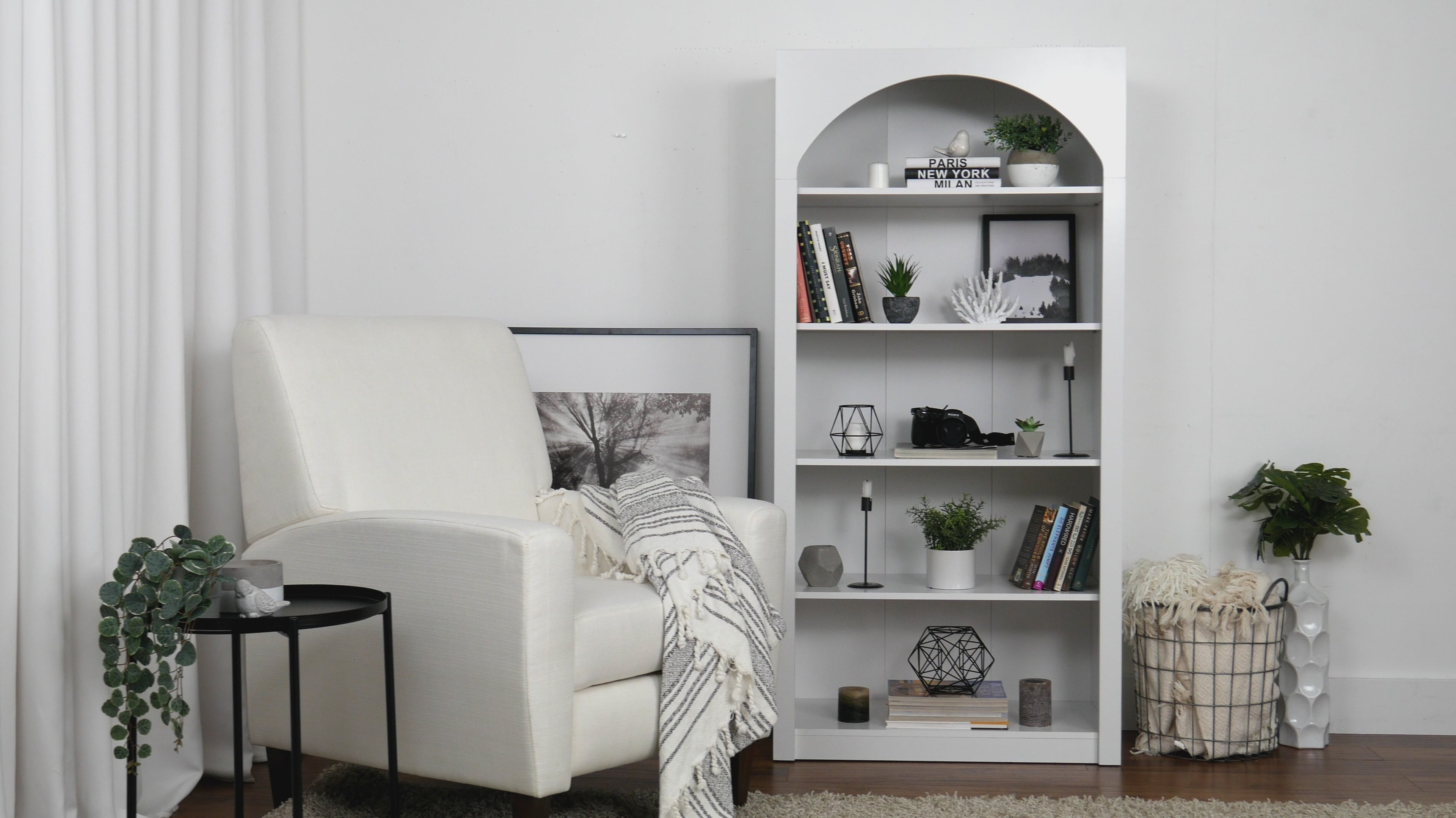 Load video: Caldwell Caldwell Arched Bookcase, White Product Video