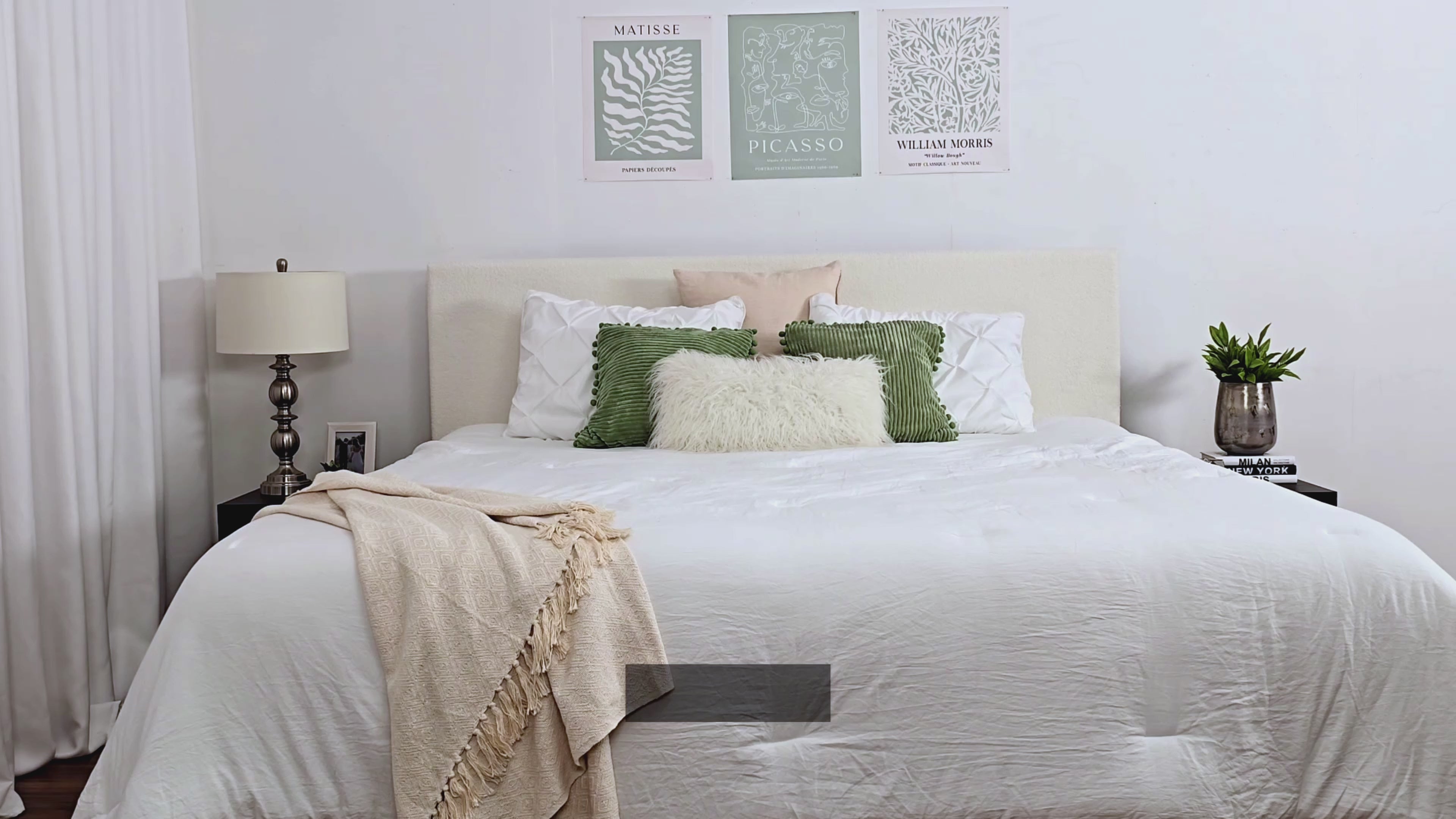 Load video: Celeste Cream Boucle Queen Bed Product Video