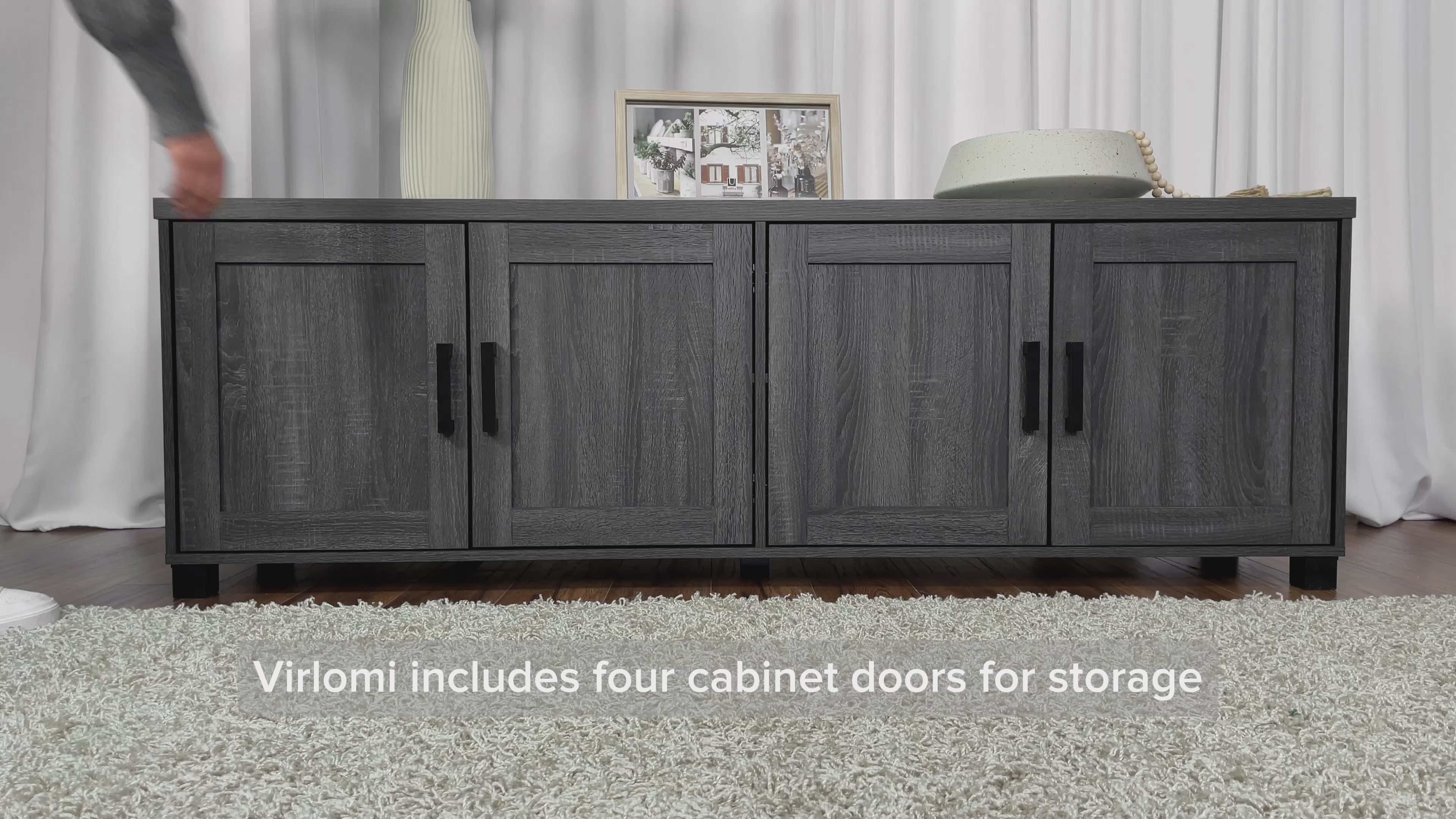 Load video: Virlomi Black Shaker-Style TV Stand with Enclosed Cabinets for Most TV&#39;s up to 85&quot; Product Video