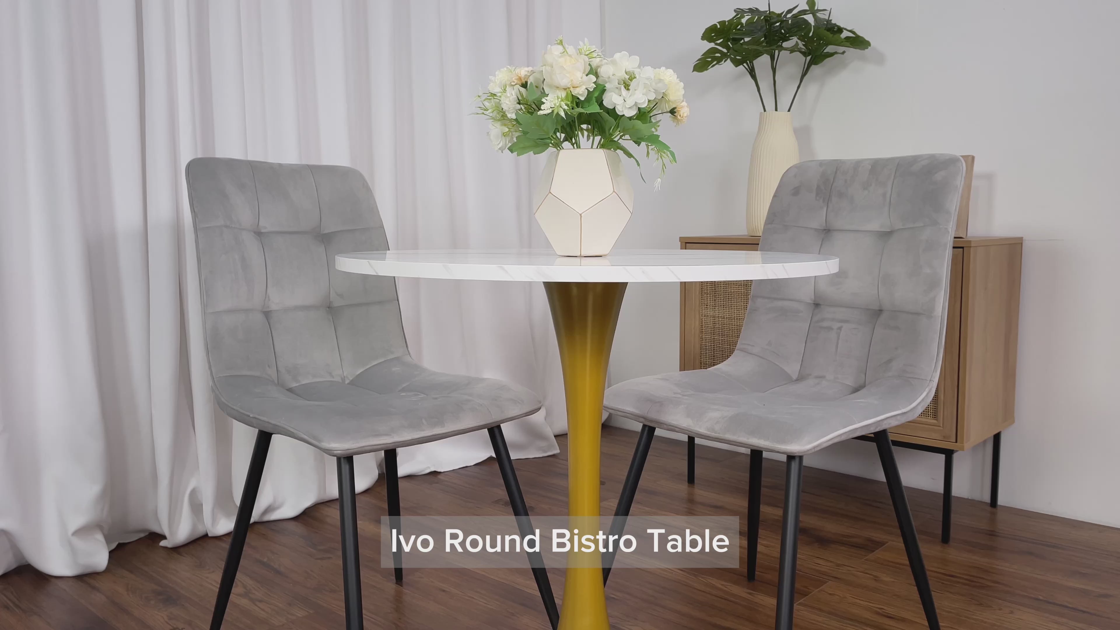 Load video: Ivo White Marble Round Bistro Table 28&quot; Product Video