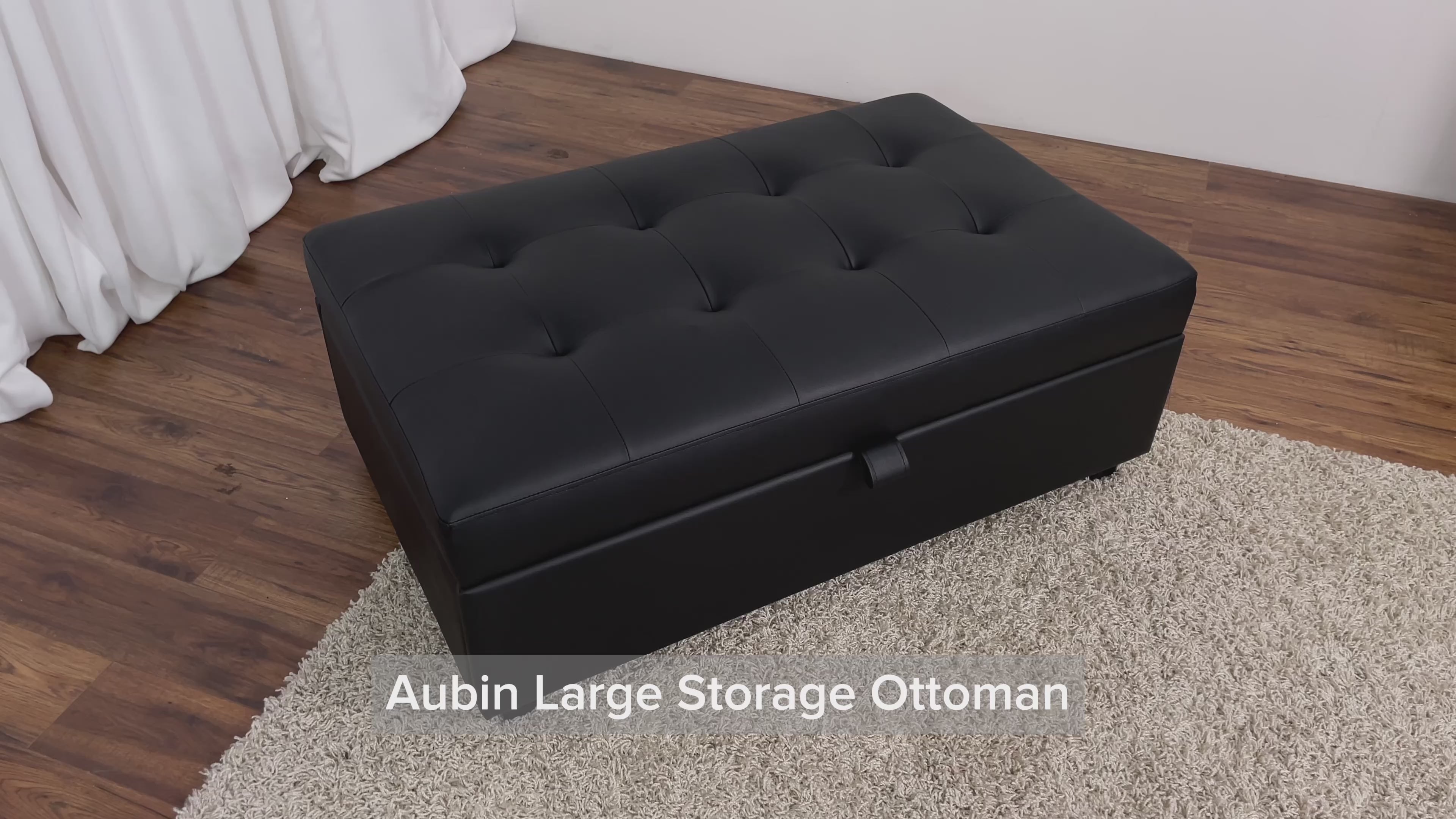 Load video: Aubin Brown Vegan Leather Storage Ottoman Product Video