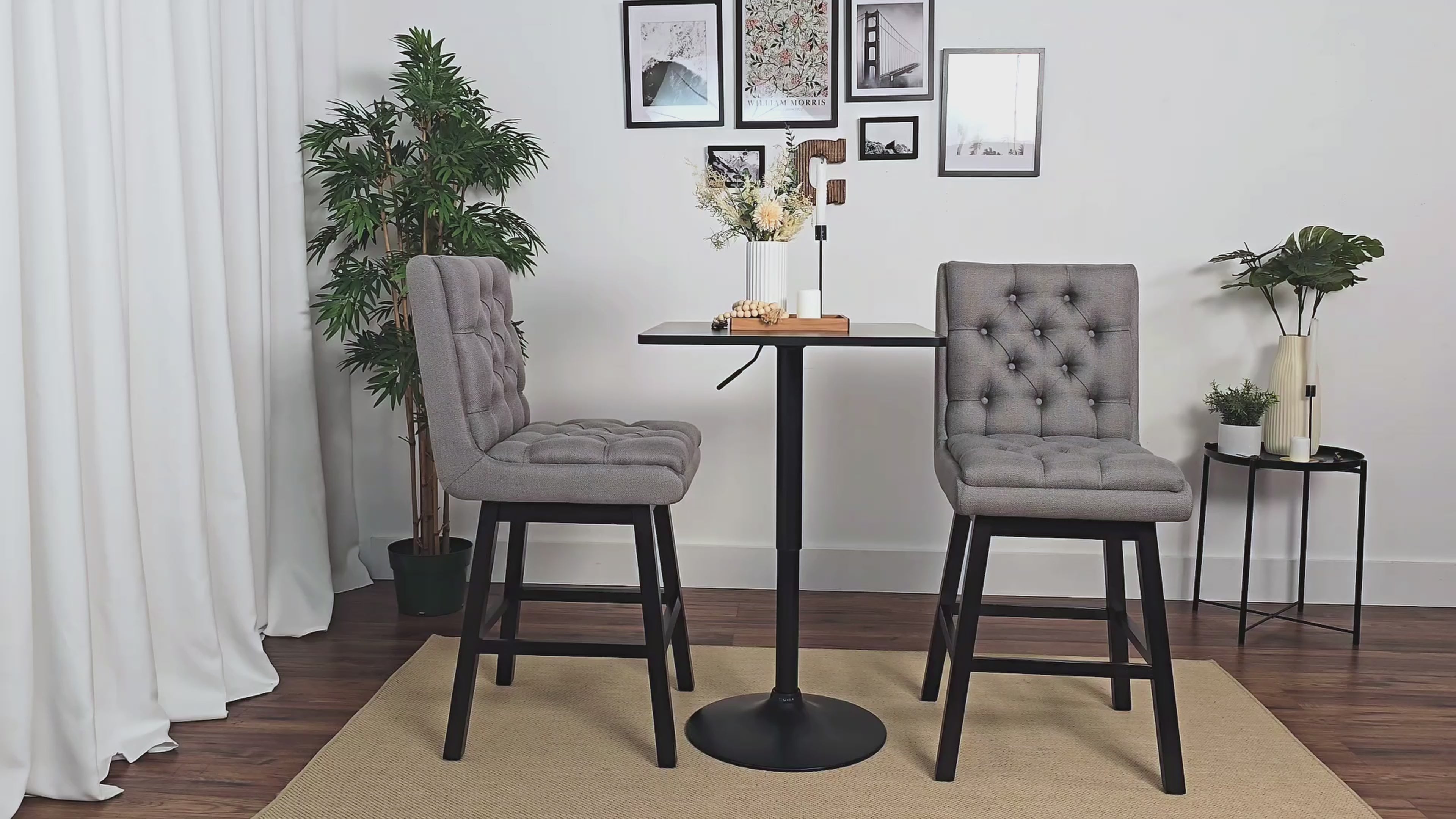 Load video: Belmont Light Grey Button Tufted Bar Stools Product Video