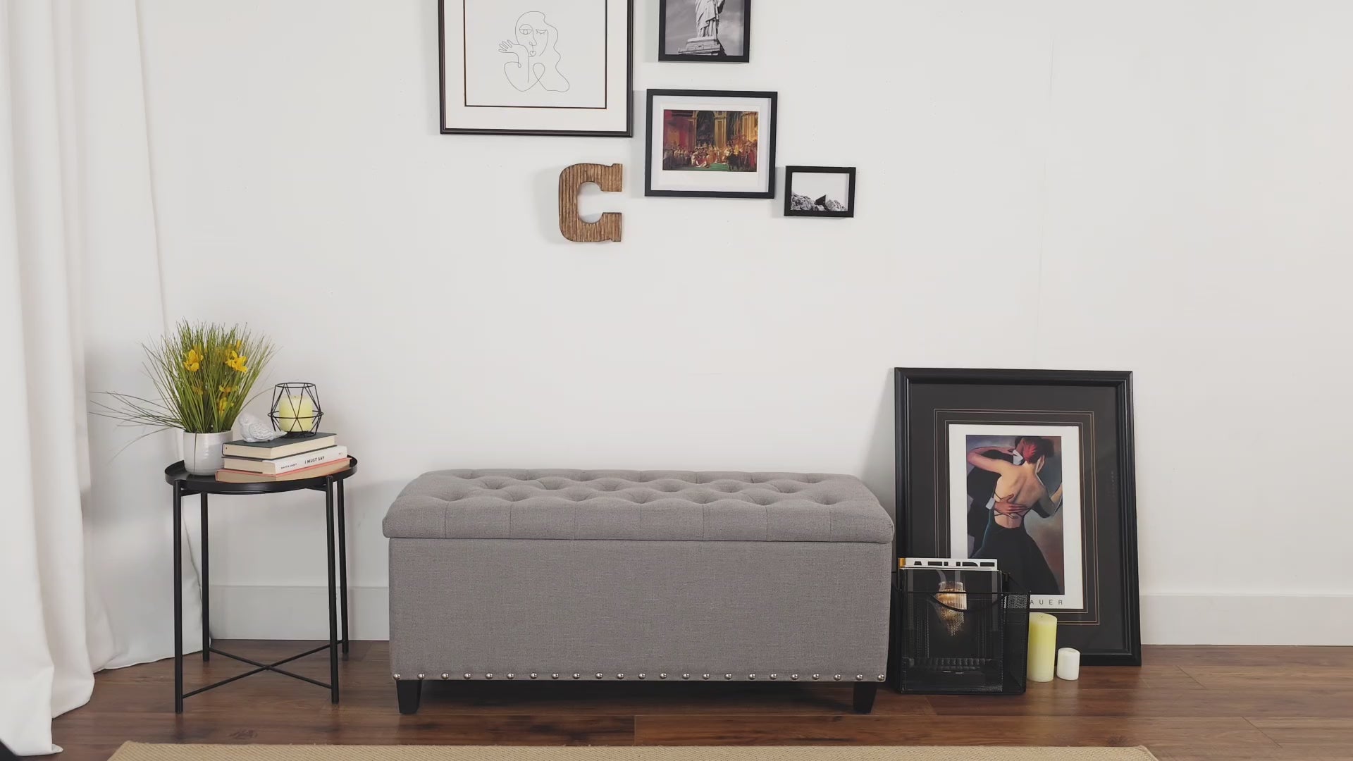 Load video: Churchill Dark Grey Tufted Storage Bench Product Video
