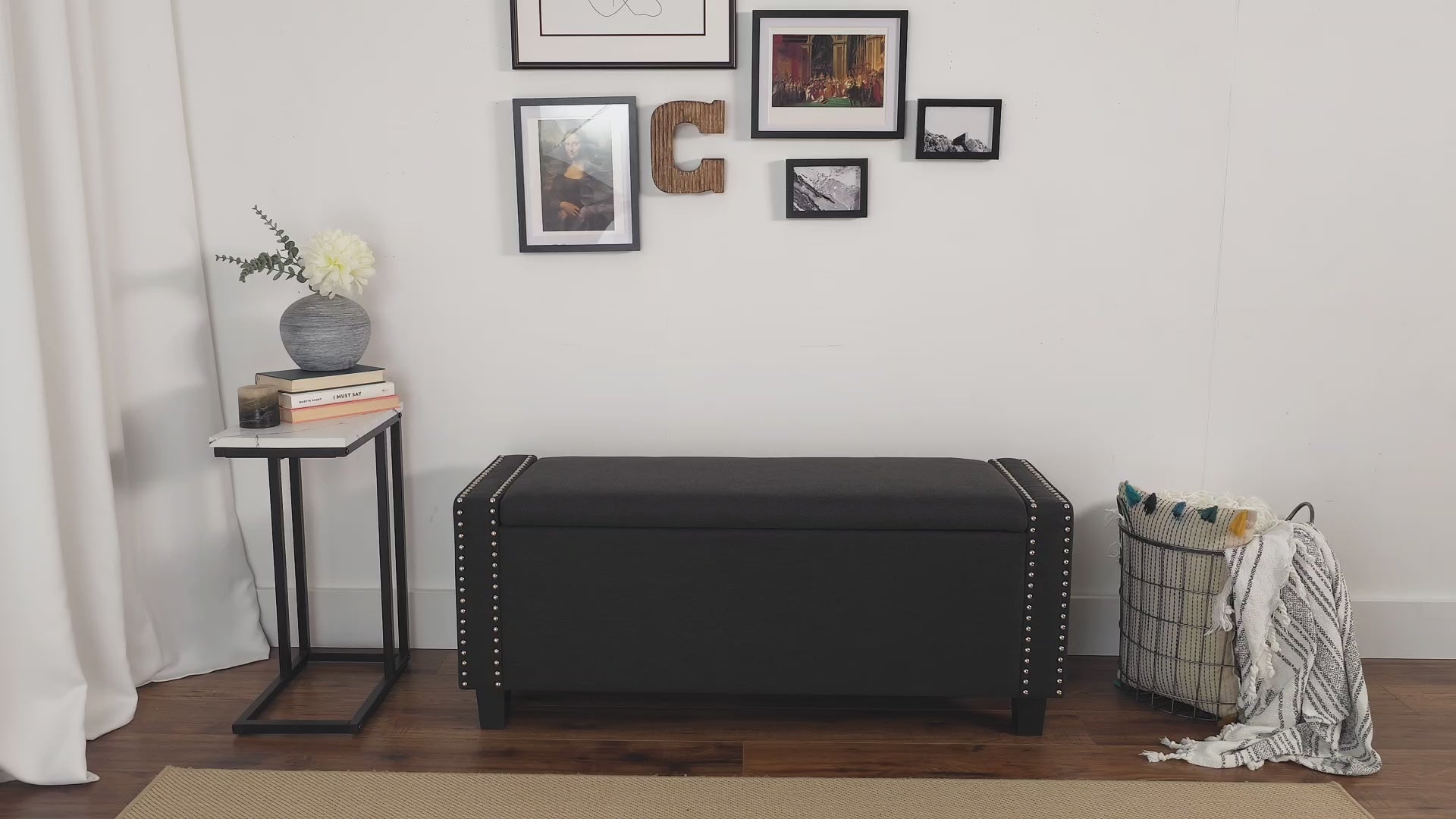 Load video: Hamptons Grey Storage Bench Product Video