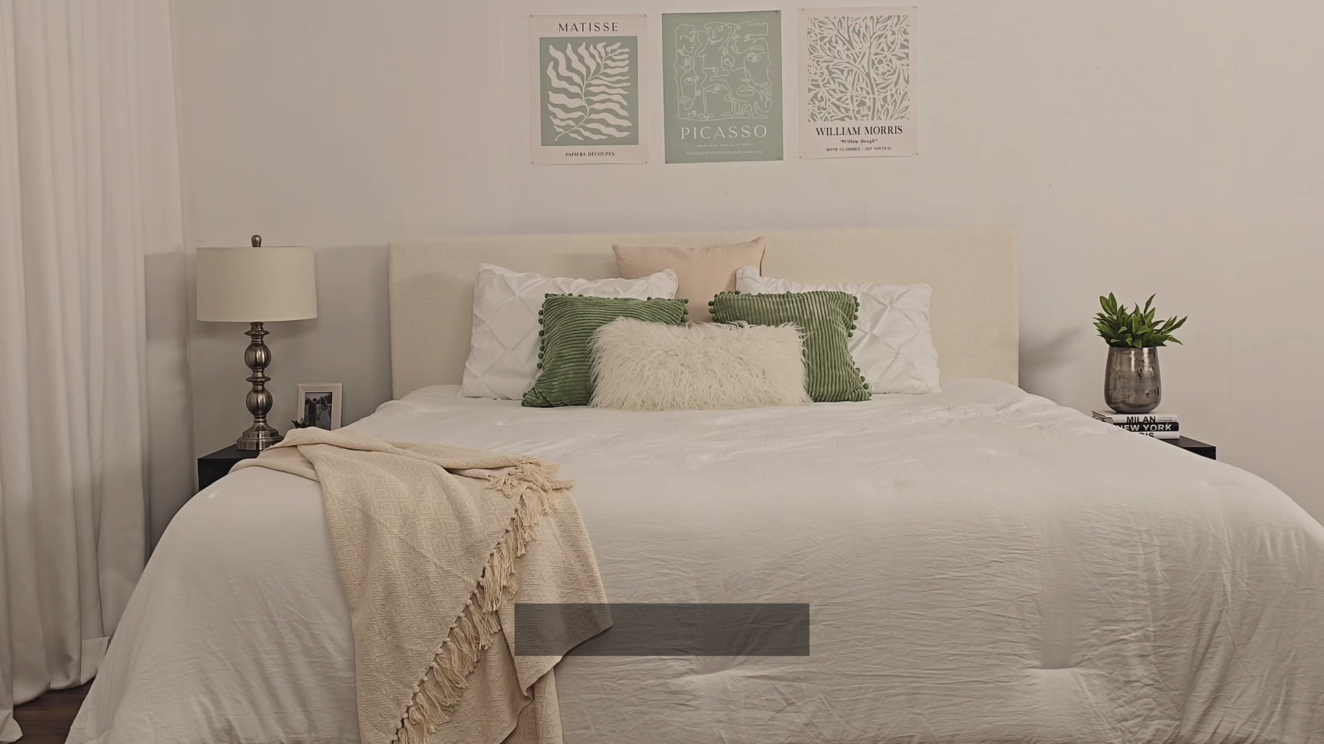 Load video: Celeste Cream Boucle Queen Bed Product Video
