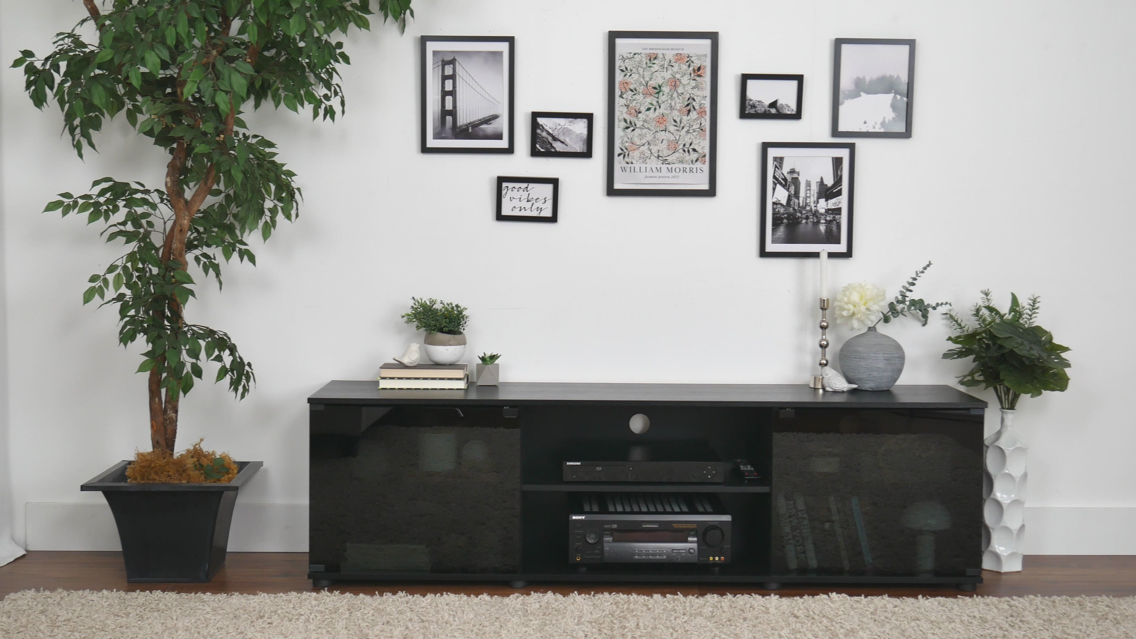 Load video: Fiji TV Stand with Glass Doors, TVs up to 75&quot; Product Video