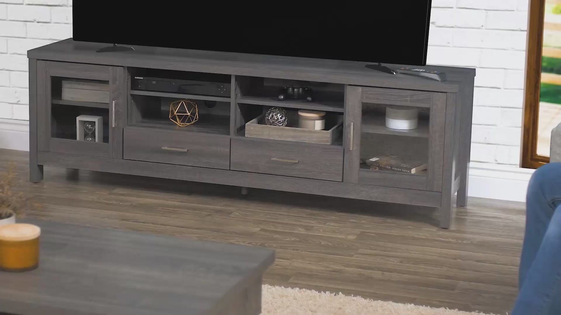 Load video: Hollywood Grey Wood TV Stand, TVs up to 80&quot; Product Video