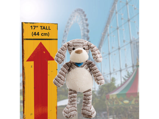 Plush dog toy with soft beige fur, floppy ears, and a blue collar, featuring embroidered eyes and nose. Ideal for children and collectors. Charity plush supporting animal welfare initiatives.