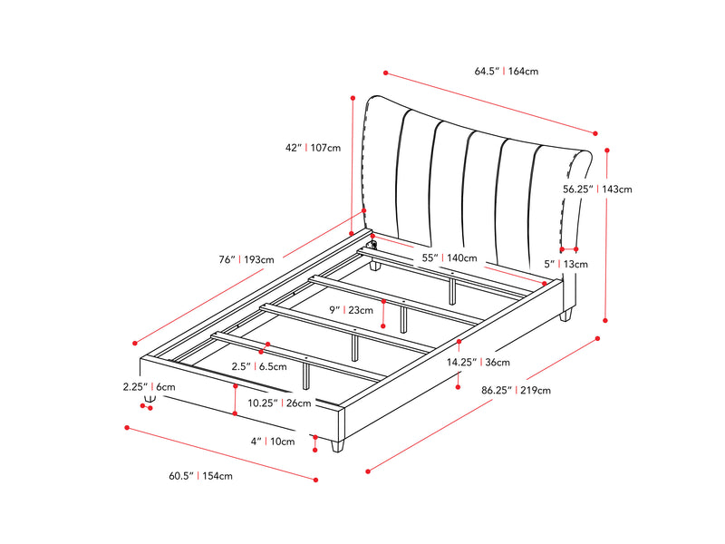 cream Channel Tufted Double / Full Bed Rosewell Collection measurements diagram by CorLiving