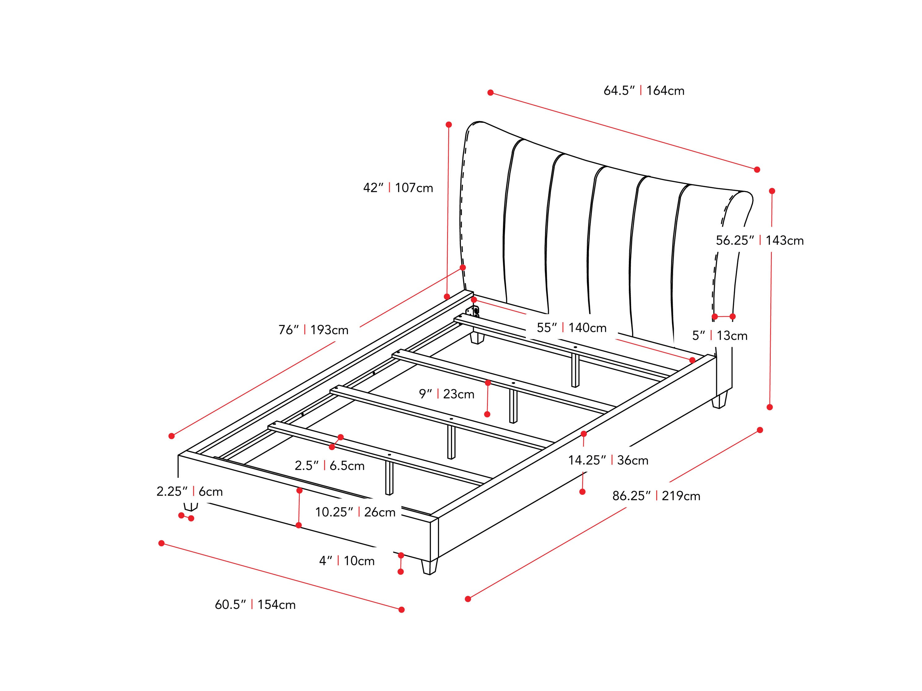 dark grey Channel Tufted Double / Full Bed Rosewell Collection measurements diagram by CorLiving#color_dark-grey