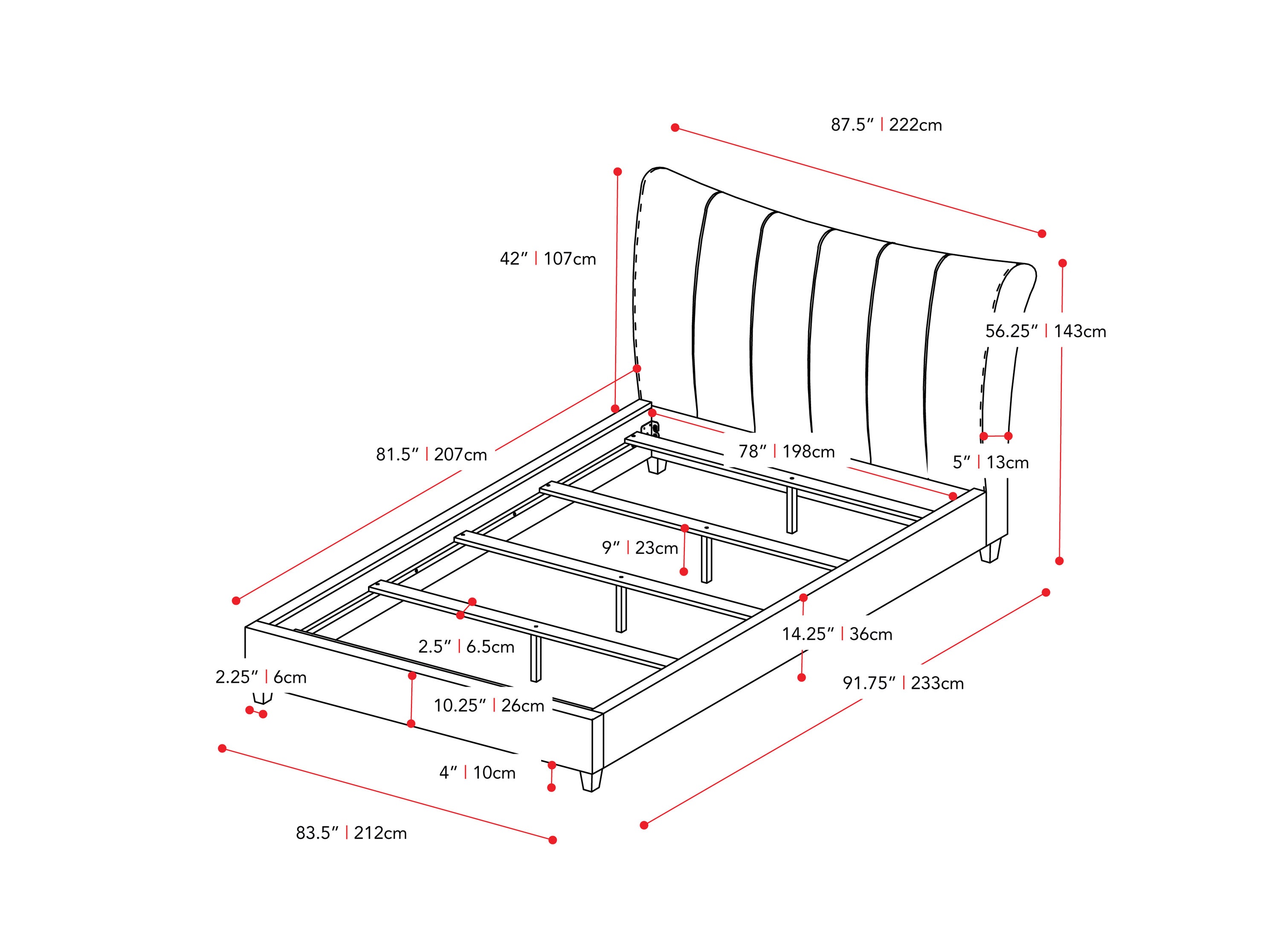 dark grey Channel Tufted King Bed Rosewell Collection measurements diagram by CorLiving#color_dark-grey